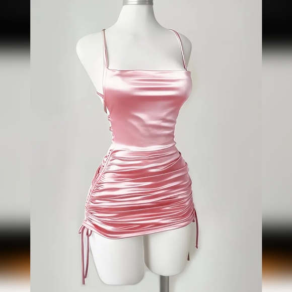Pink Satin Drawstring Ruched Criss-cross Back Adjustable Length Mini Dress (M) - Picture 3 of 13